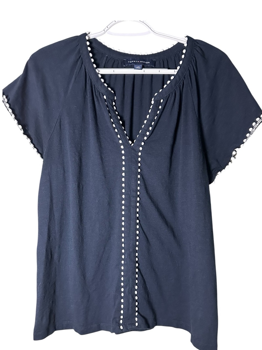 Tommy Hilfiger Women’s Black Short Sleeve V-Neck Top with White Pom-Pom Trim LG
